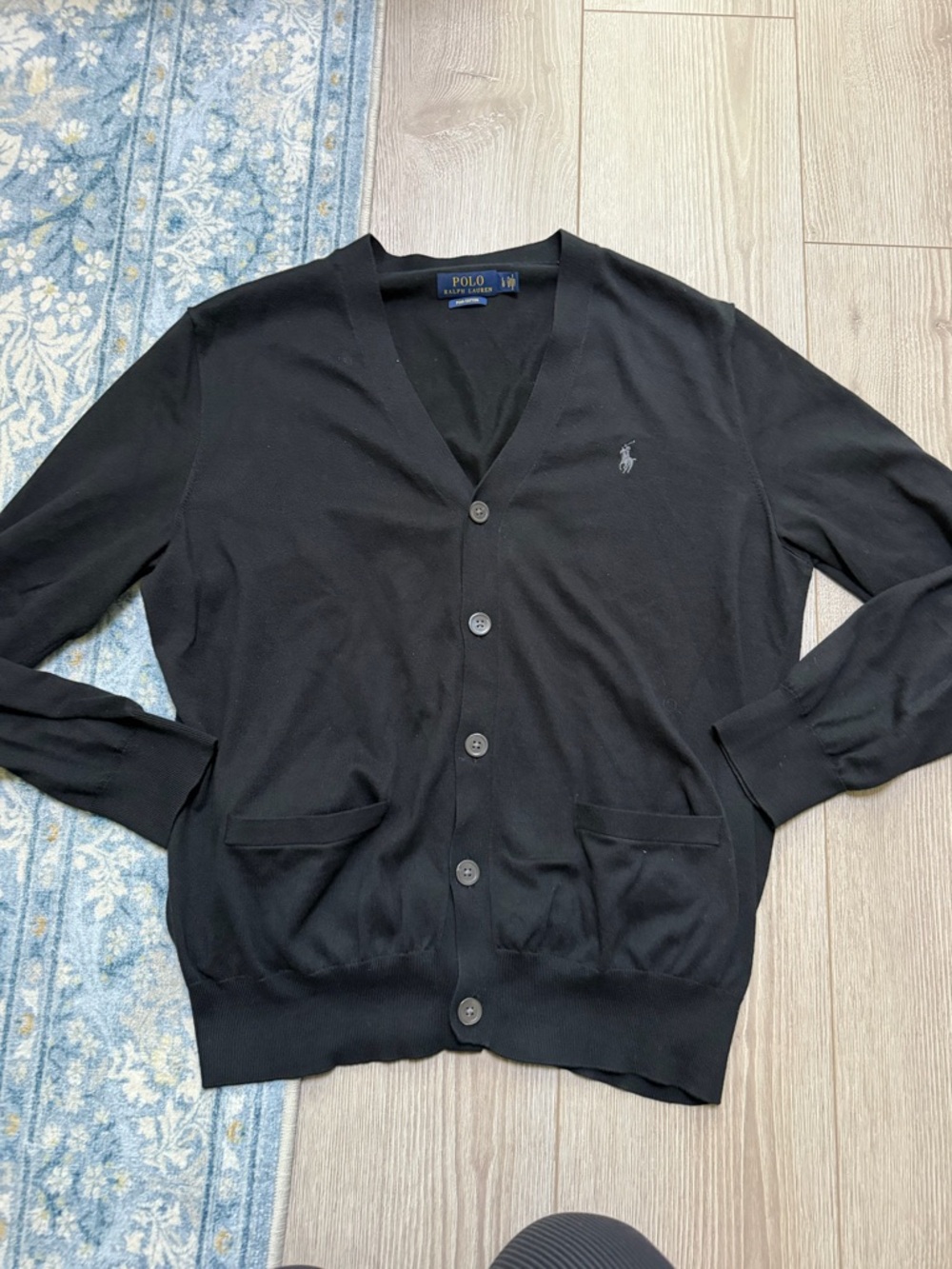 Polo Ralph Lauren Black V-Neck Pima Cotton Cardigan Preppy Classic Blue Label - Picture 2 of 5